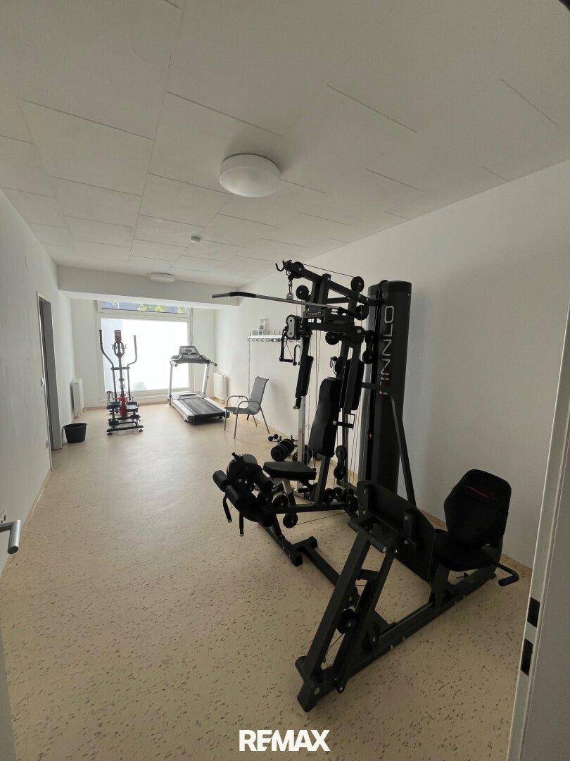 Geräumiger Fitnessraum mit verschiedenen Trainingsgeräten und großen Fenstern für Tageslicht.