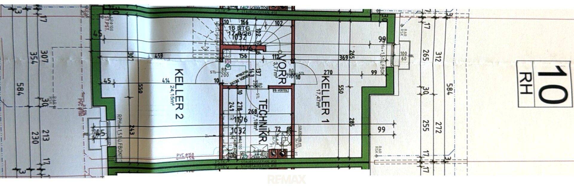 Grundriss des Kellergeschosses mit zwei Kellerräumen, Technikraum und Vorraum.