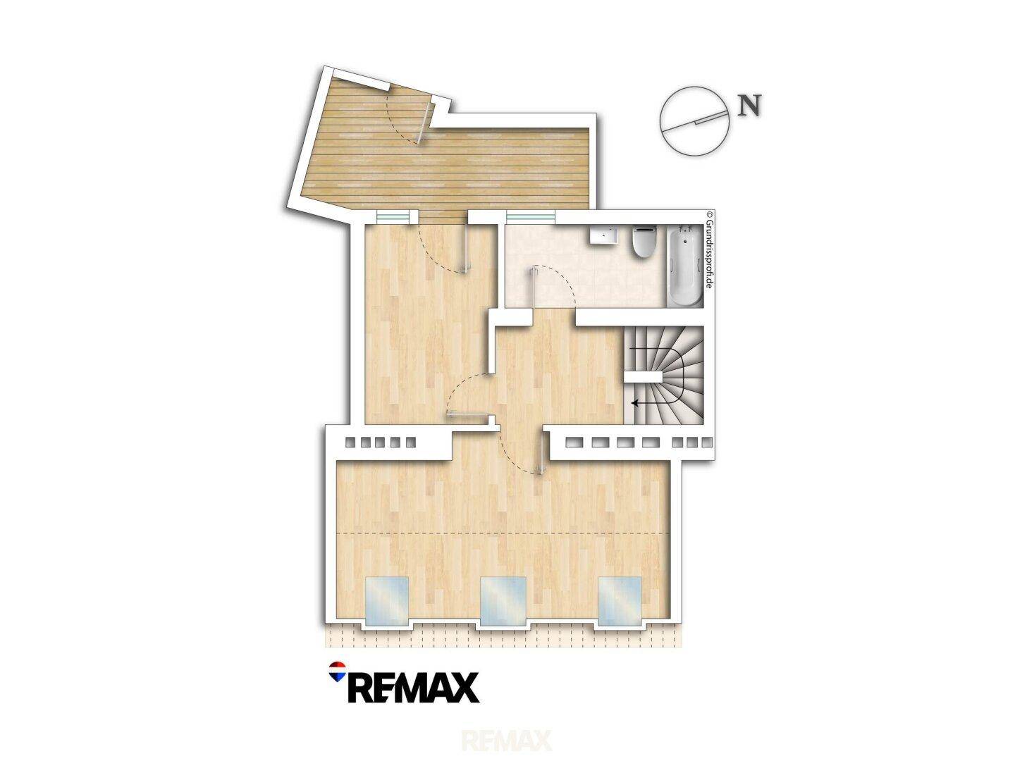 Grundriss einer Etage mit Bad, Wendeltreppe und Zugang zu einem kleinen Balkon.