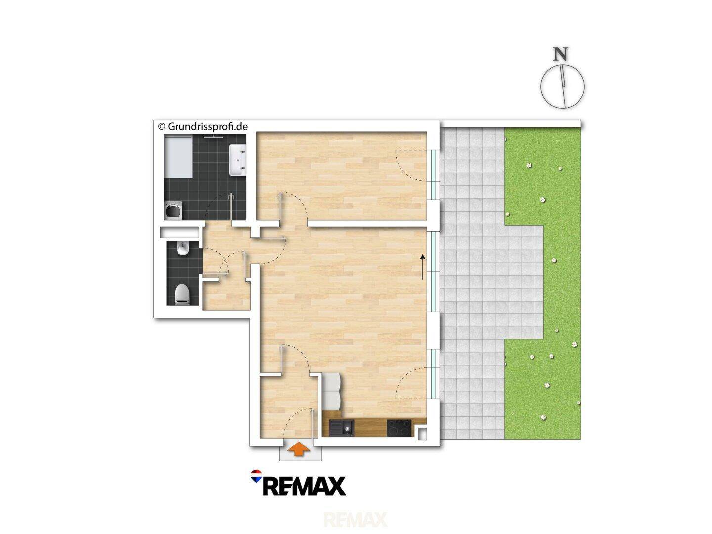 Grundriss einer Wohnung mit Terrasse und Gartenanteil, ideal für Familien.