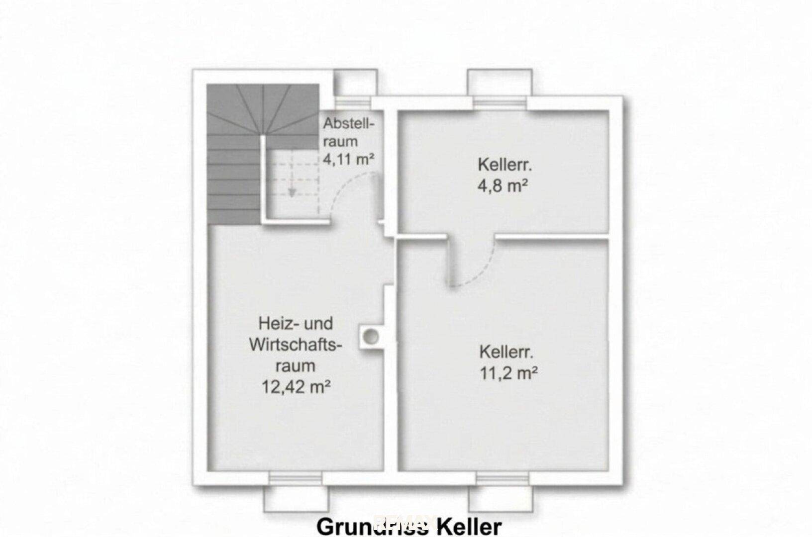 Grundriss des Kellers mit Heizraum, Abstellraum und weiteren Kellerräumen.