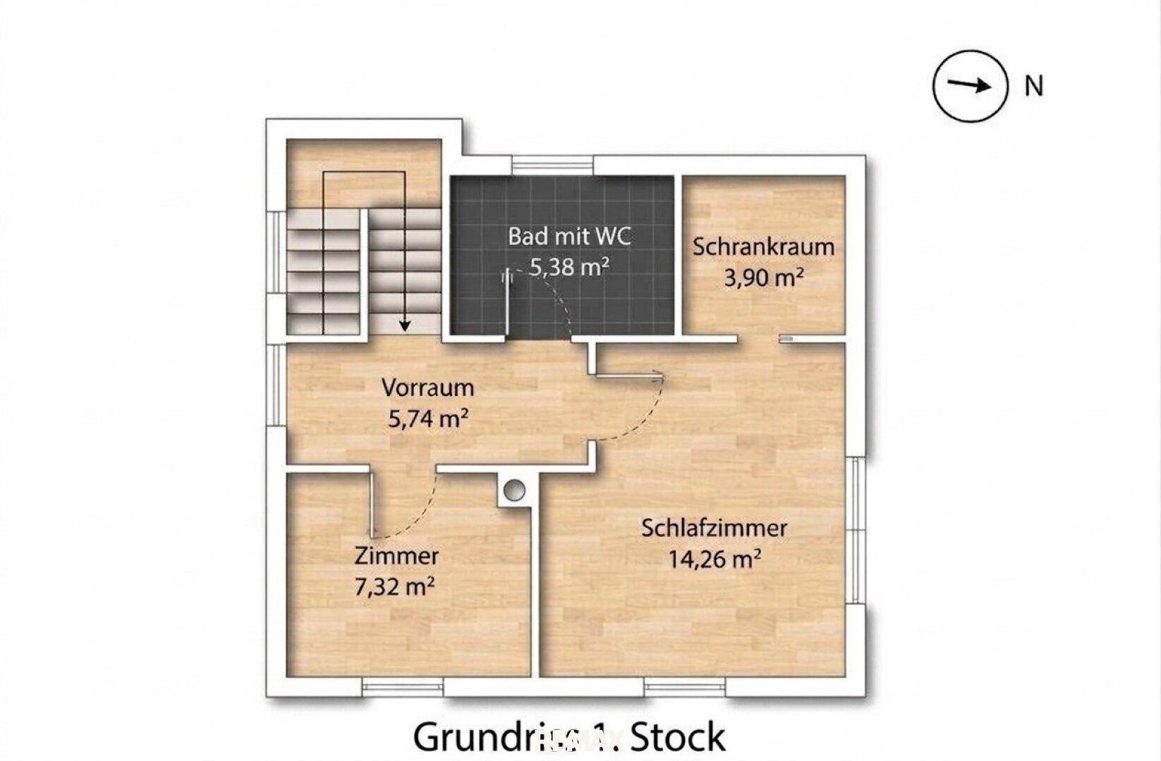 Grundriss des ersten Stocks mit Schlafzimmern, Bad und Schrankraum.