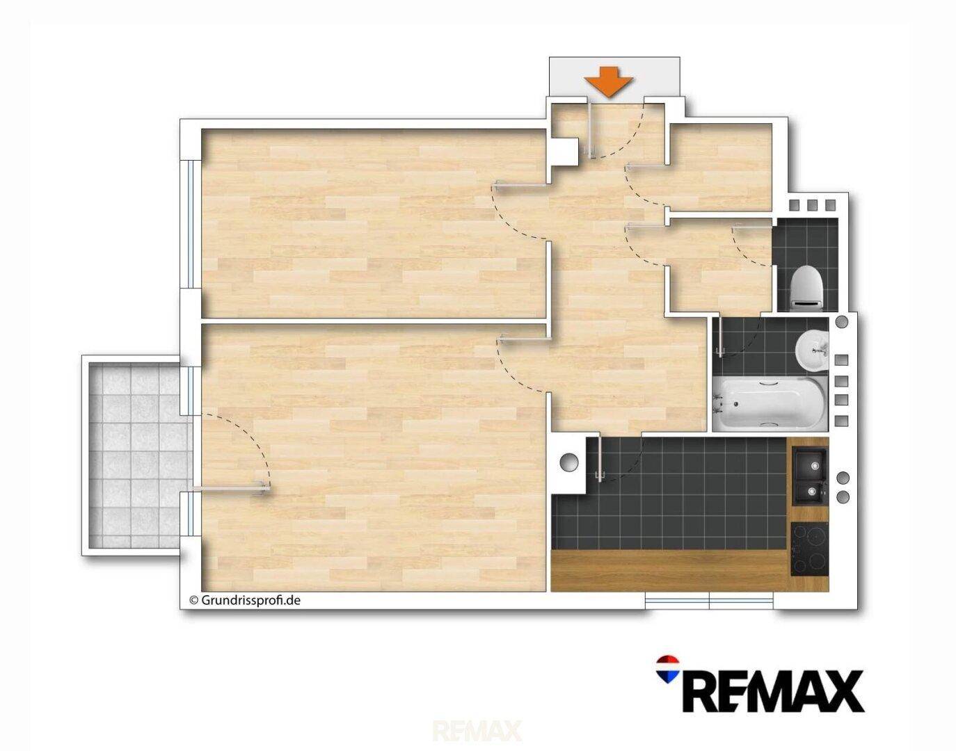 Grundriss einer Wohnung mit Balkon, Bad und separatem WC.