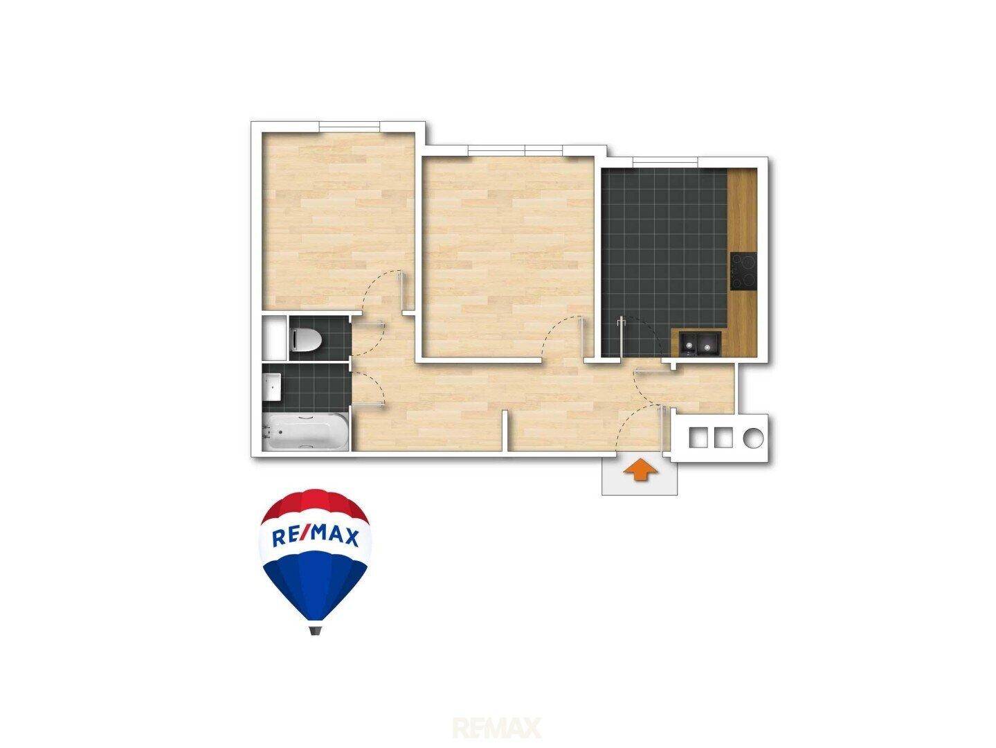 Grundriss einer Wohnung mit zwei Zimmern, Küche, Bad und separatem WC.