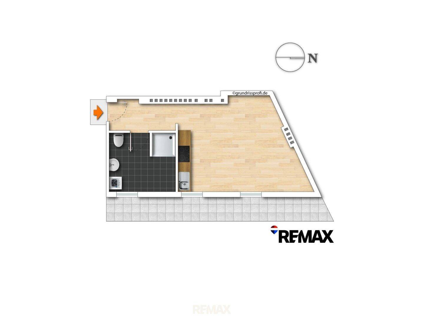 Grundriss einer kompakten Wohnung mit offenem Wohnbereich, Badezimmer und kleinem Balkon.
