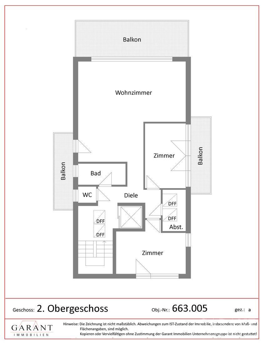 Grundriss des zweiten Obergeschosses mit Wohnzimmer, zwei Zimmern, Bad und Balkonen.