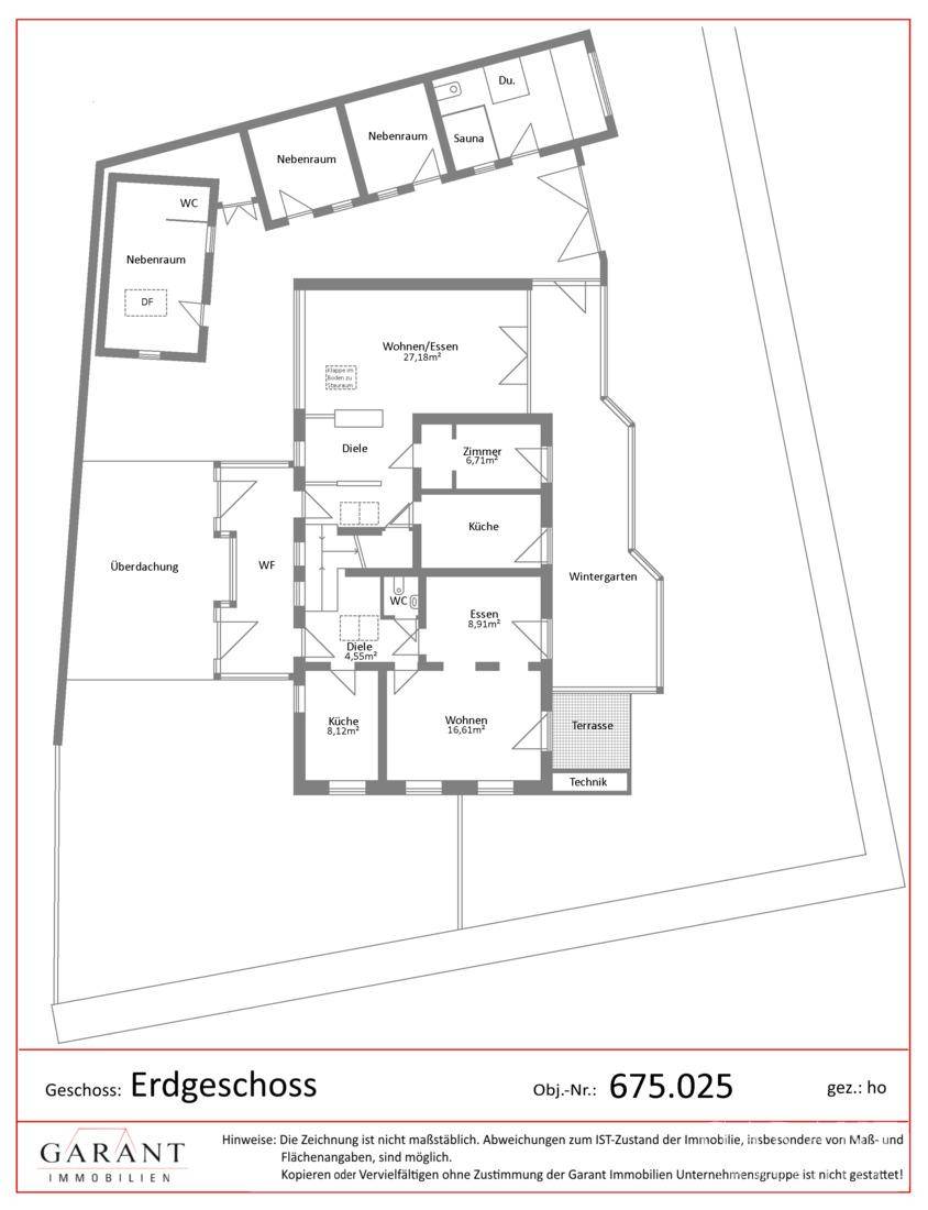 Grundriss des Erdgeschosses mit Wohn-/Essbereich, Küche, Wintergarten, Terrasse und Sauna.