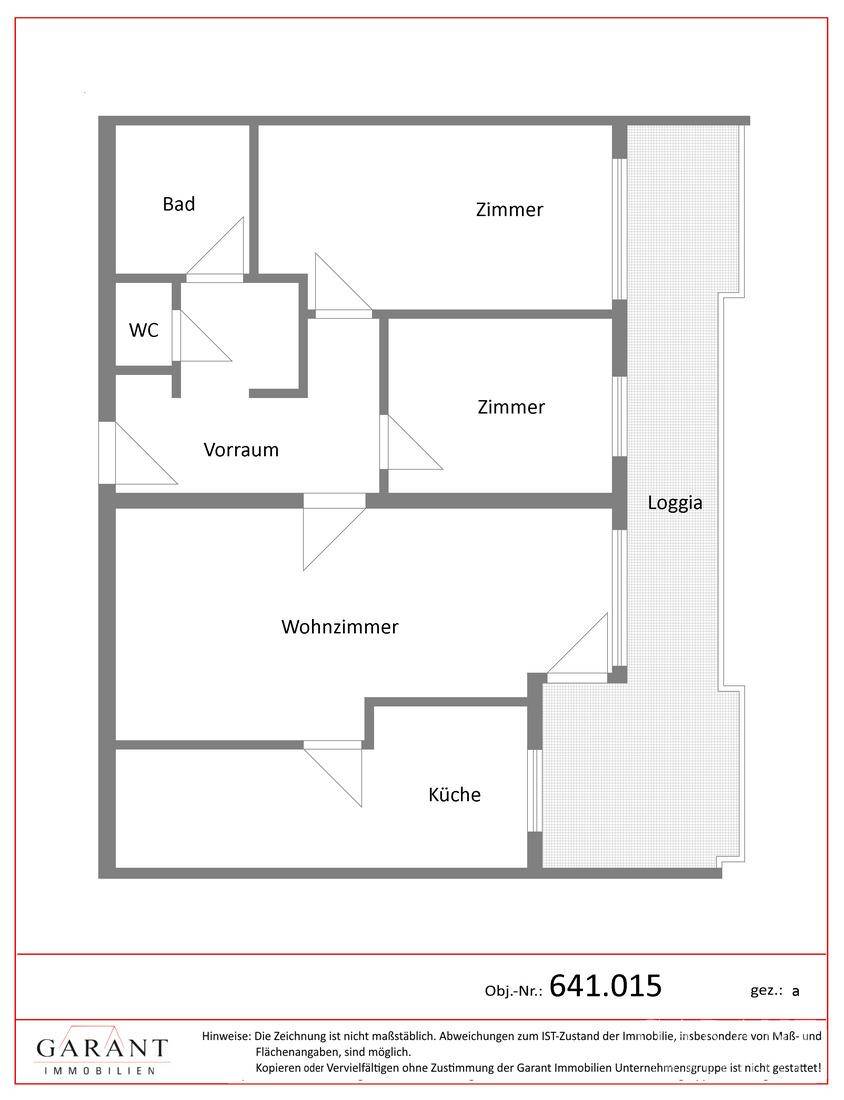 Grundriss einer Wohnung mit Bad, WC, zwei Zimmern, Wohnzimmer, Küche und Loggia.