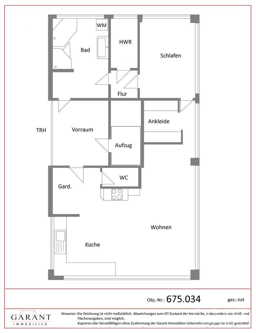 Grundriss der Wohnung mit Wohnzimmer, Küche, Schlafzimmer, Bad, Ankleide und Aufzugzugang.