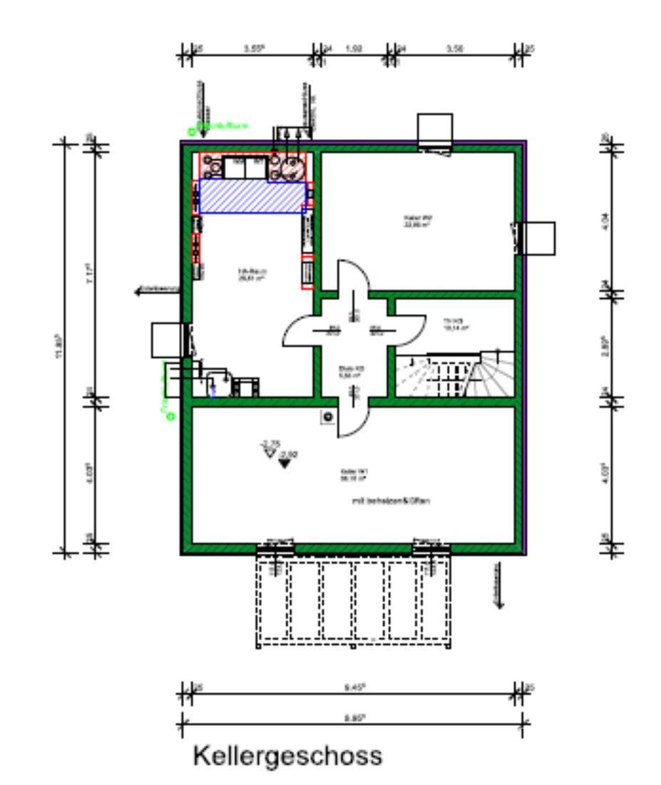 Grundriss des Kellergeschosses mit Technikraum und weiteren Abstellräumen.