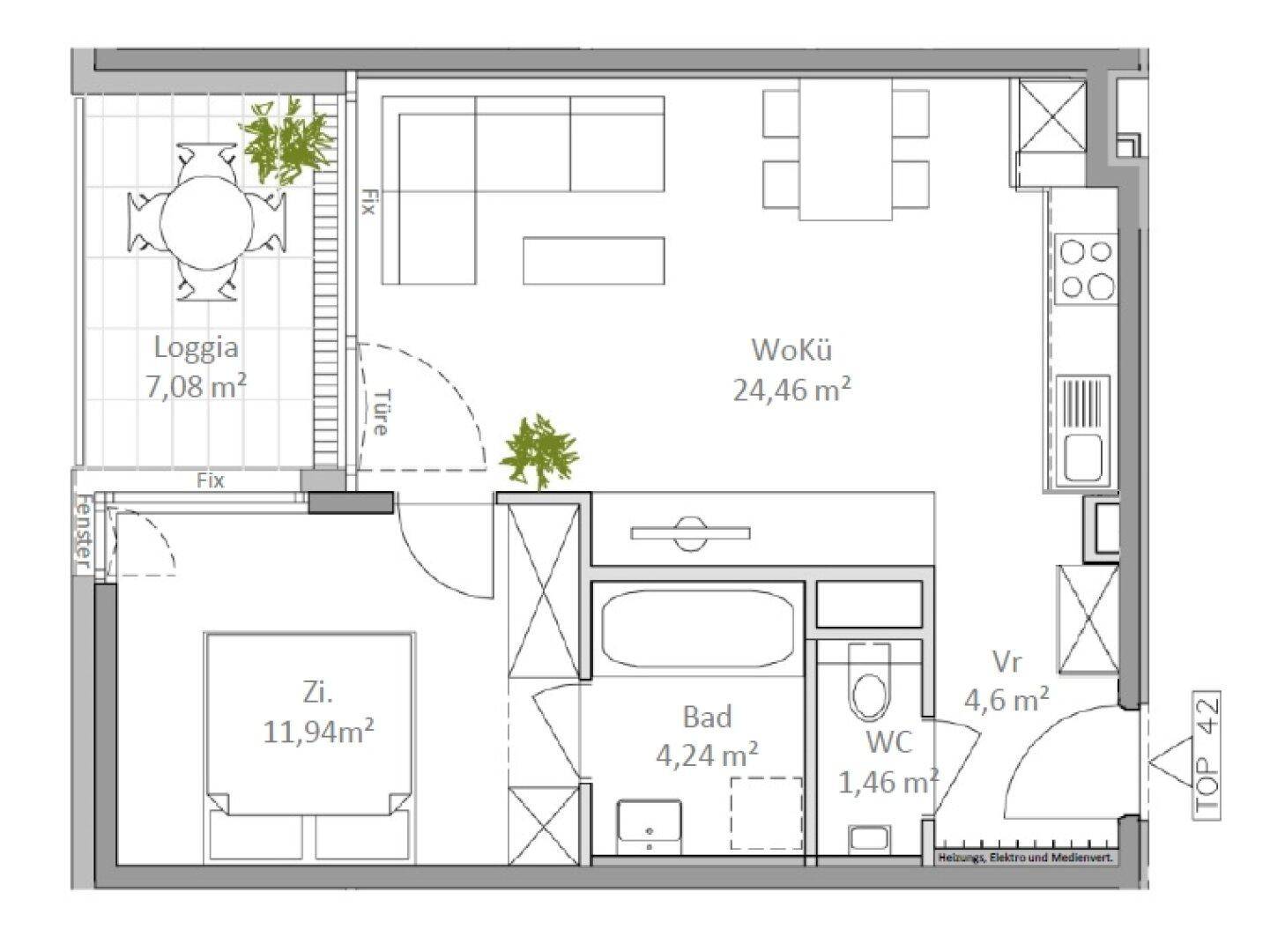 Detaillierter Grundriss einer Wohnung mit offener Wohnküche, Schlafzimmer, Bad und Loggia.