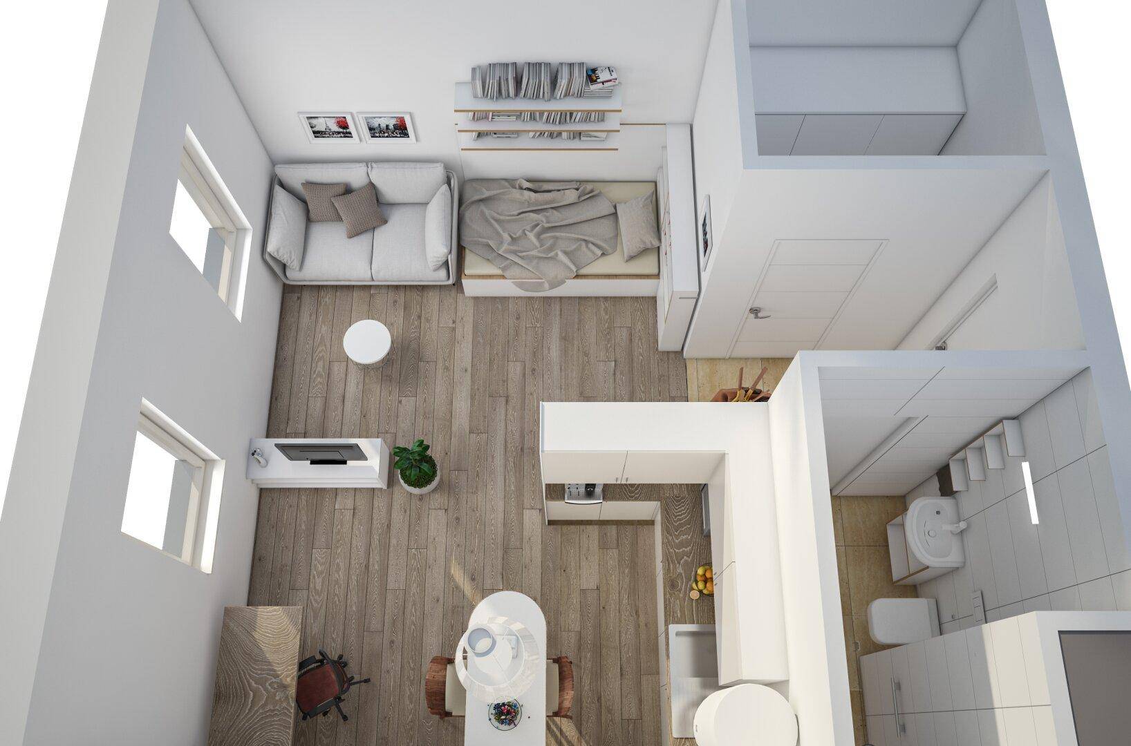 3D-Grundriss eines Studio-Apartments mit offener Raumaufteilung und separatem Bad.