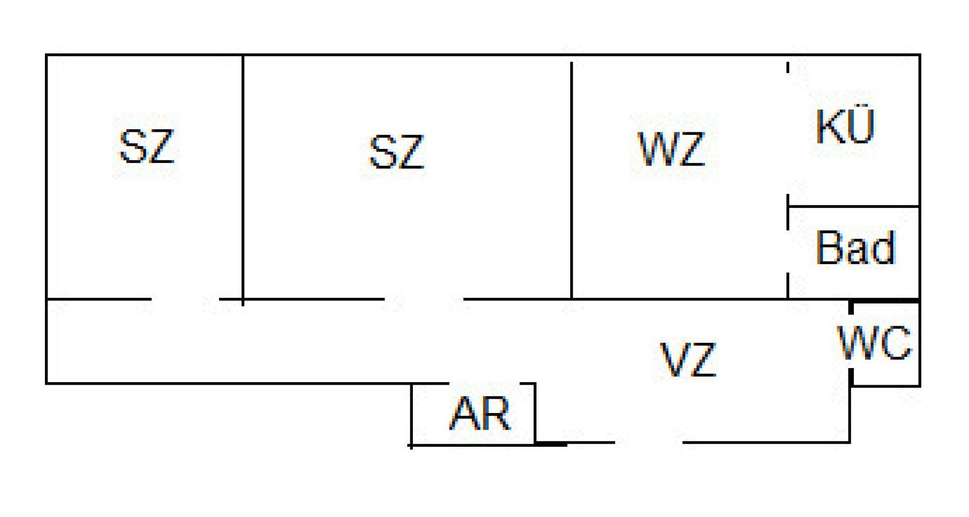 Einfacher Grundrissplan mit Raumbezeichnungen für Schlafzimmer, Wohnzimmer und Küche.