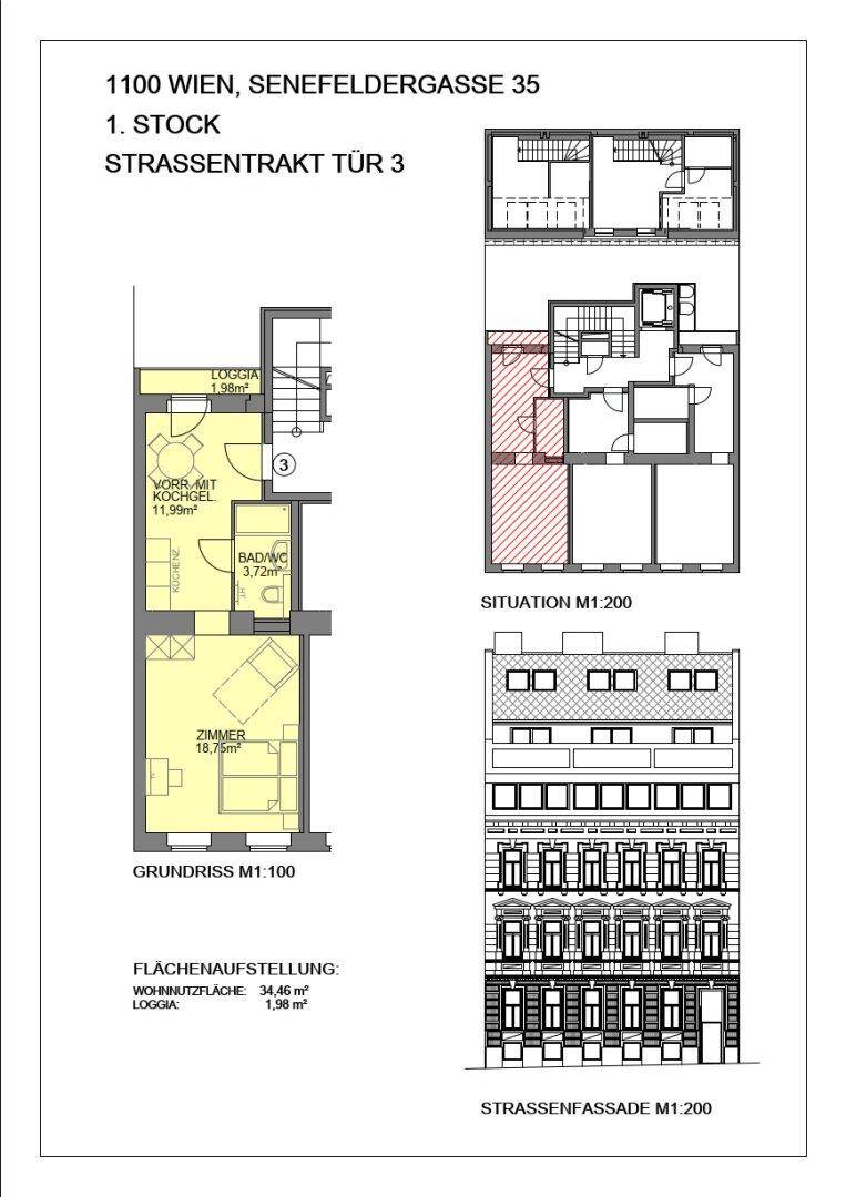 Gesamtübersicht des Grundrisses einer Wohnung mit Loggia, Kochnische, Bad und einem Zimmer, inklusive Fassadenansicht und Lageplan.