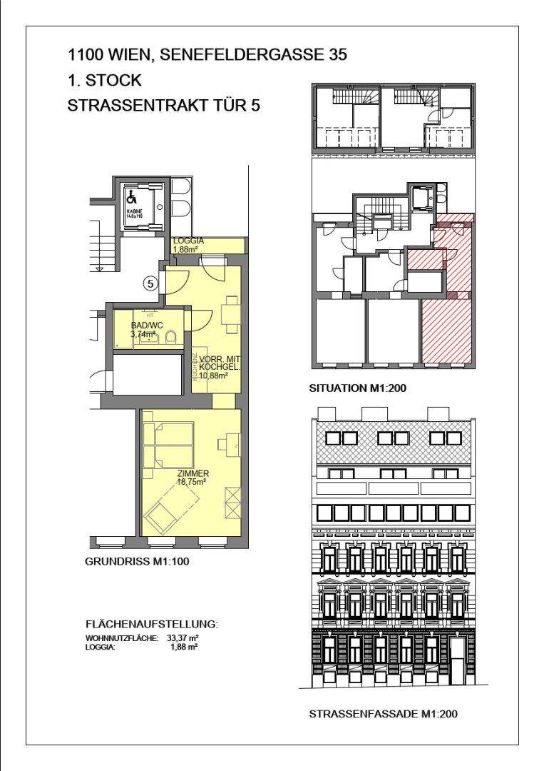 Detaillierter Grundriss einer Wohnung im 1. Stock mit Loggia, ergänzt durch Situationsplan und Straßenfassade.