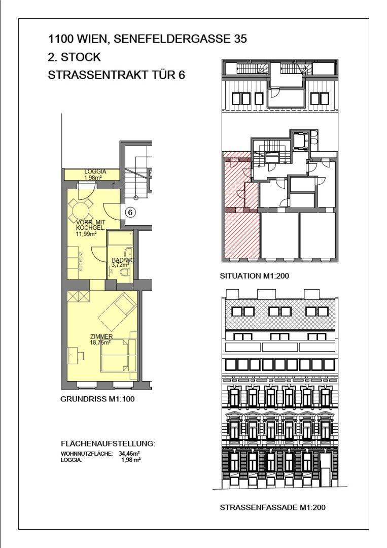 Gesamtübersicht des Grundrisses mit Loggia, Bad/WC und Zimmer, inklusive Lageplan und Fassadenansicht des Gebäudes.