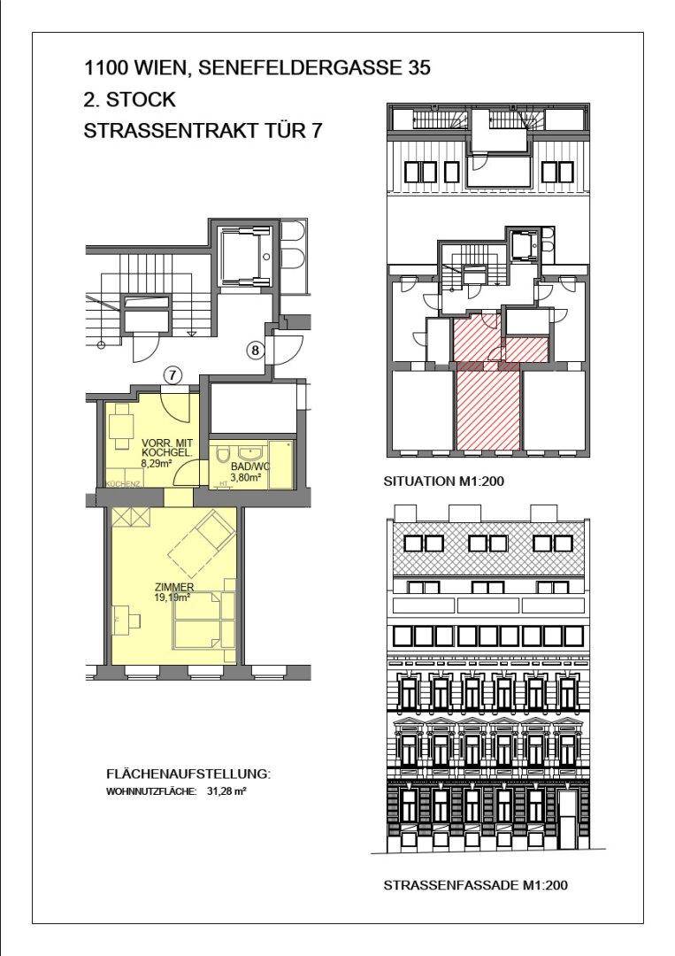 Übersichtsgrundriss des 2. Stocks mit Detailansicht einer Wohneinheit und Straßenfassade.