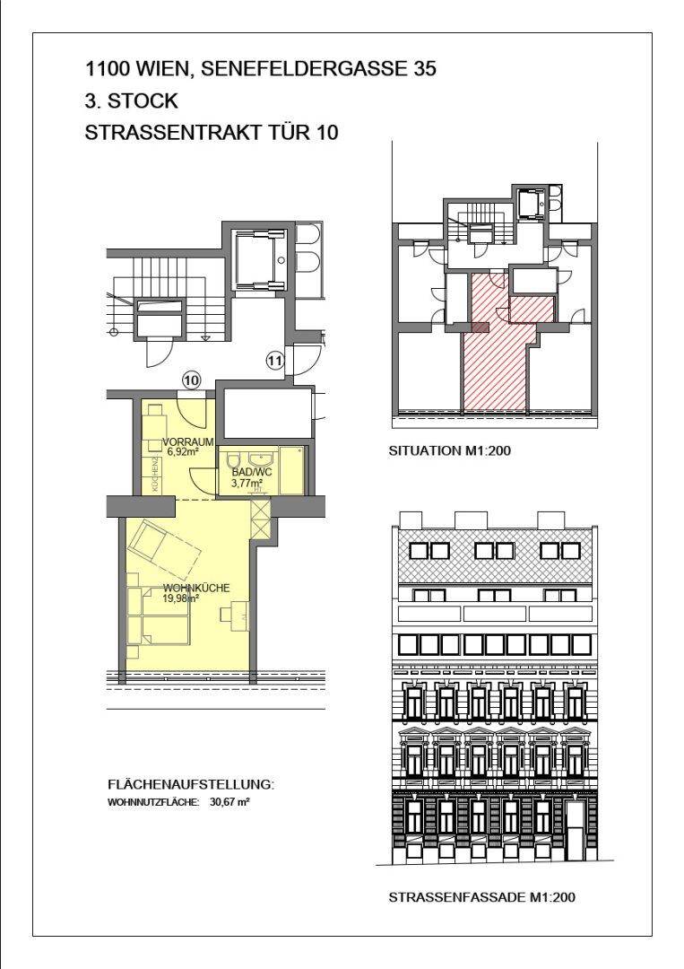 Grundriss und Fassadenansicht eines Apartments mit offener Wohnküche und Bad/WC.