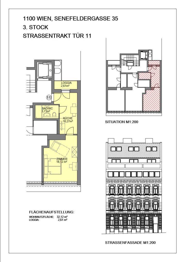 Grundriss einer Wohnung mit Loggia, Bad/WC, Küche und Zimmer, ergänzt durch eine Fassadenansicht.