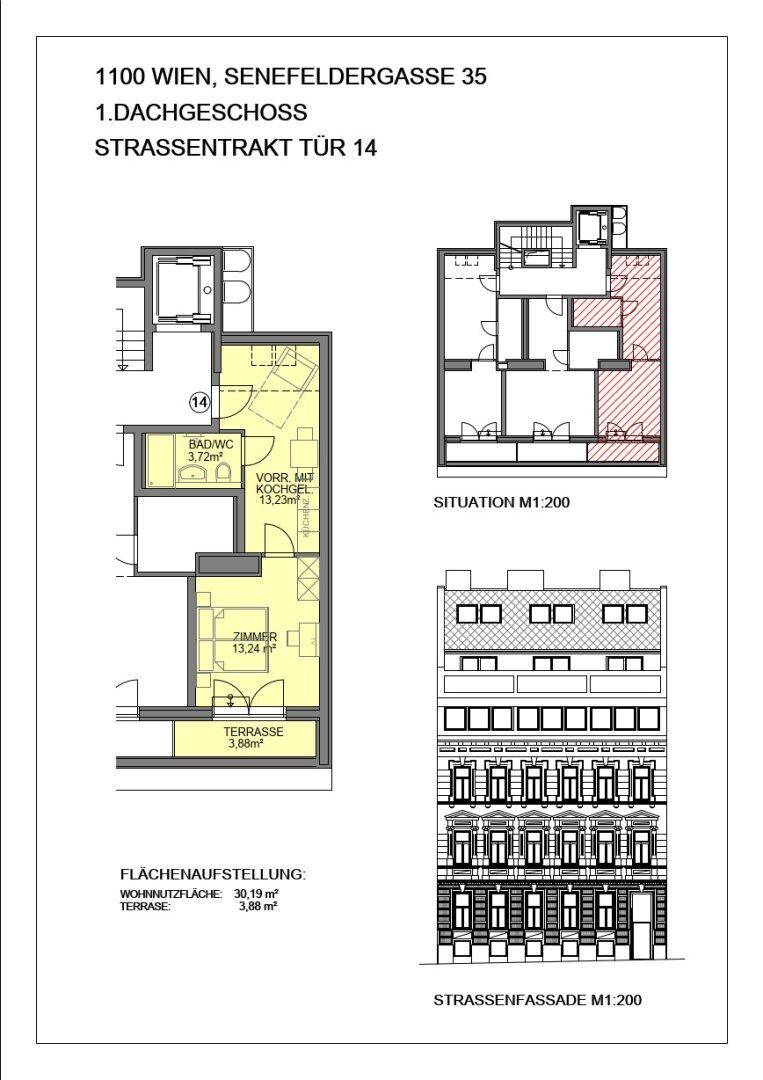 Grundriss des Dachgeschosses mit Terrasse, Bad und einem Zimmer, inklusive Lageplan.