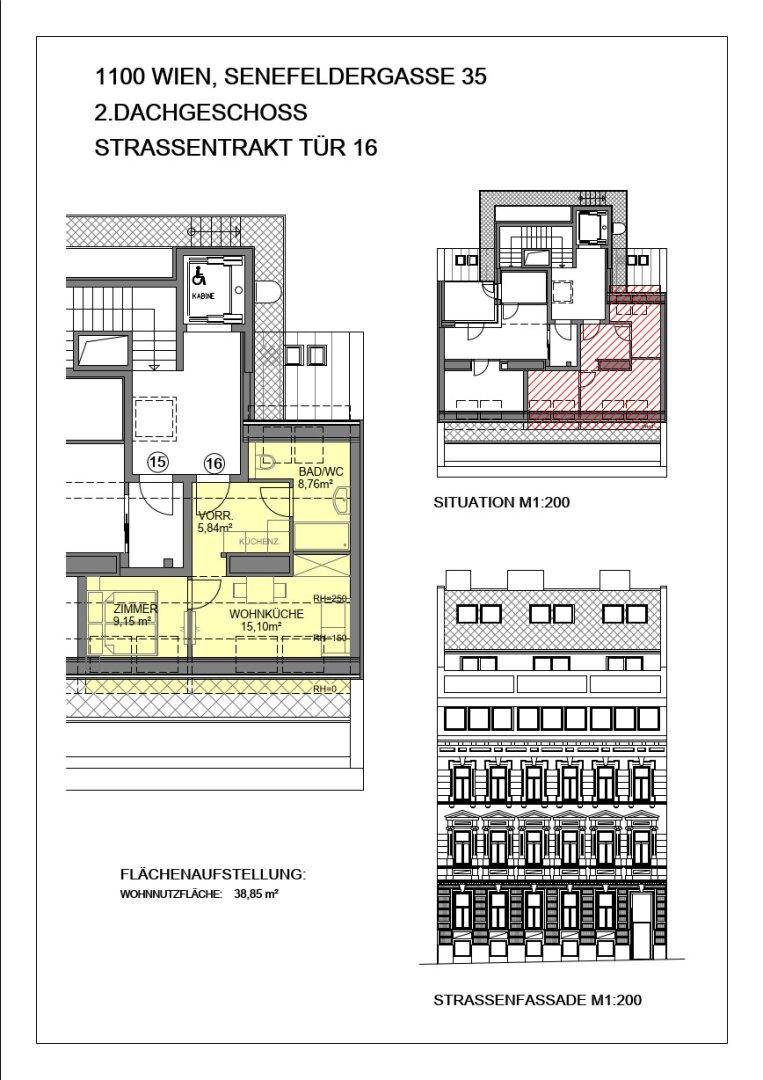 Gesamtgrundriss des Dachgeschosses mit detailliertem Wohnungsplan und Fassadenansicht.