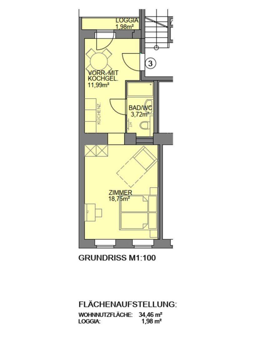 Detaillierter Grundriss einer kleinen Wohnung mit Loggia, Kochnische, Bad und einem Zimmer.