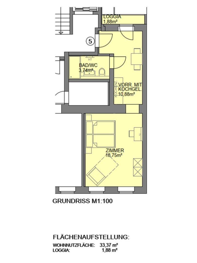 Nahaufnahme des Grundrisses einer Wohnung mit Schlafzimmer, Bad/WC und Loggia.