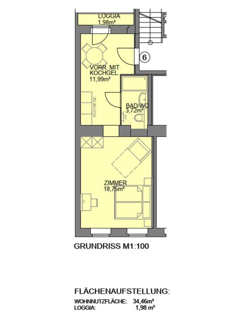 Detaillierter Grundriss einer Wohnung mit Loggia, Vorraum mit Kochgelegenheit und einem geräumigen Zimmer.