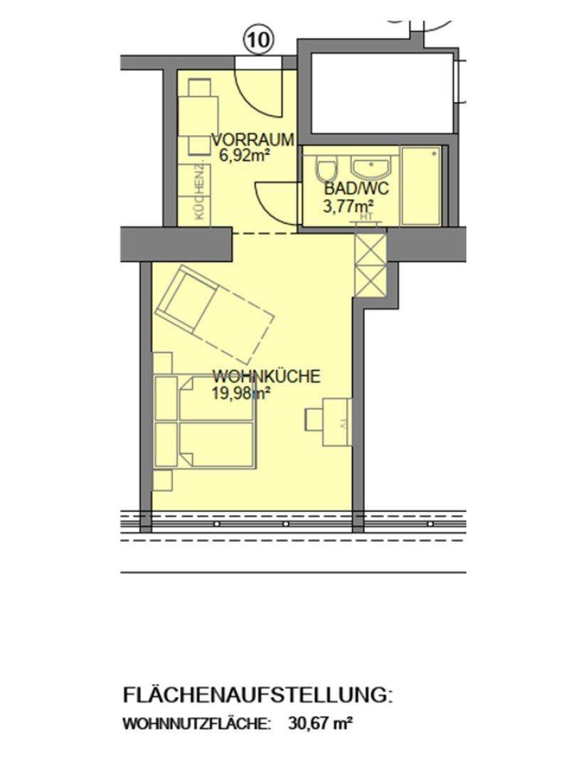 Detaillierter Grundriss eines kompakten Apartments mit Wohnküche und separatem Bad/WC.