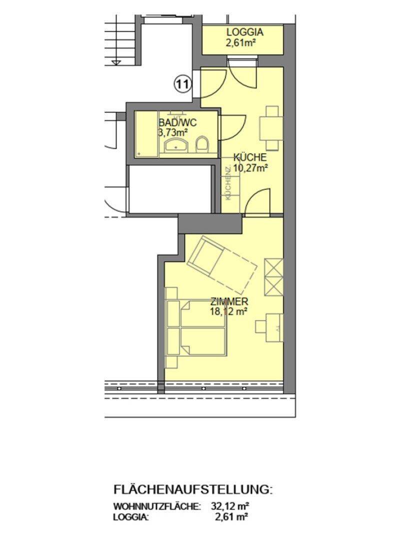 Detaillierter Grundriss einer kleinen Wohnung mit Loggia, Bad/WC und separater Küche.