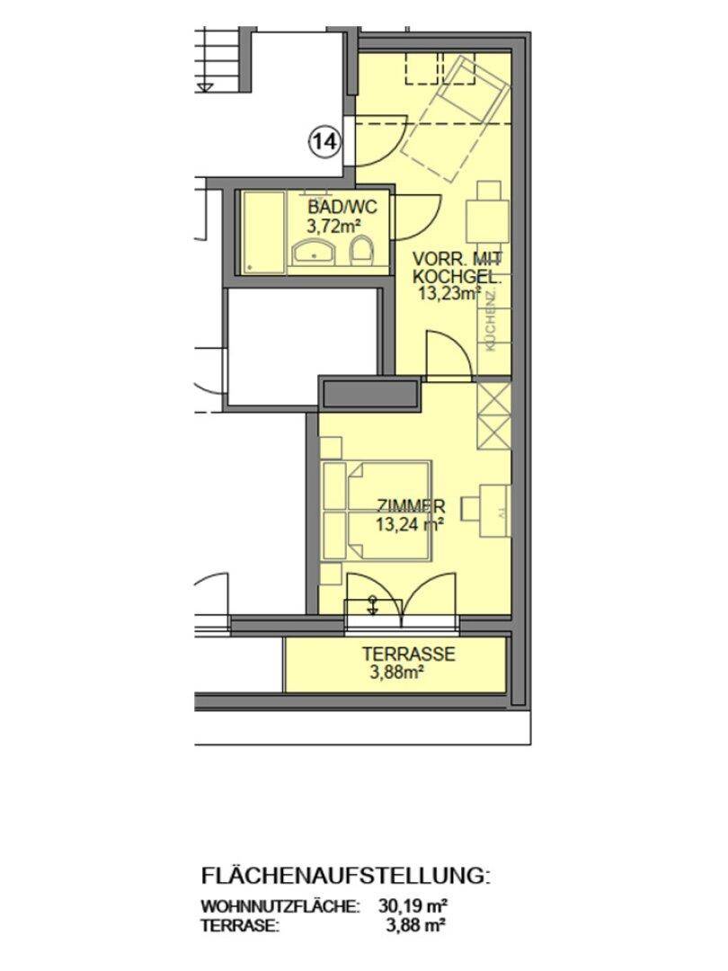 Detaillierter Grundriss einer Dachgeschosswohnung mit Terrasse, Bad und Vorraum mit Kochgelegenheit.
