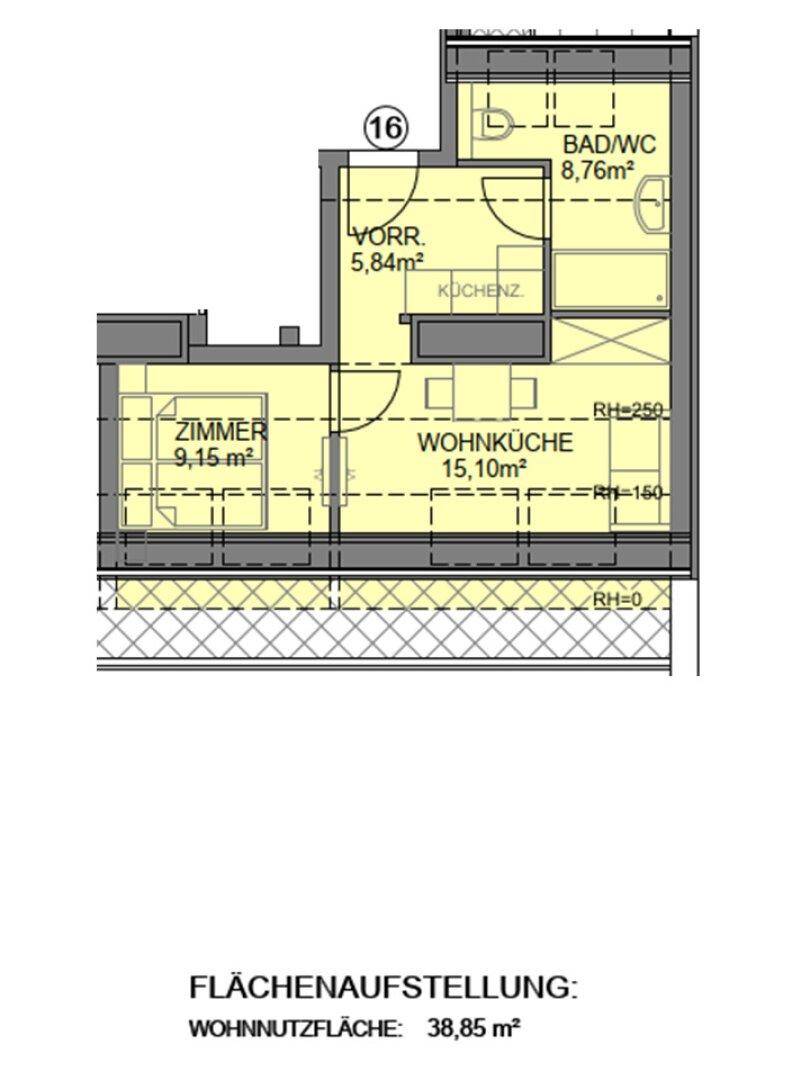 Detaillierter Grundriss einer Dachgeschosswohnung mit Wohnküche, Schlafzimmer und Bad.