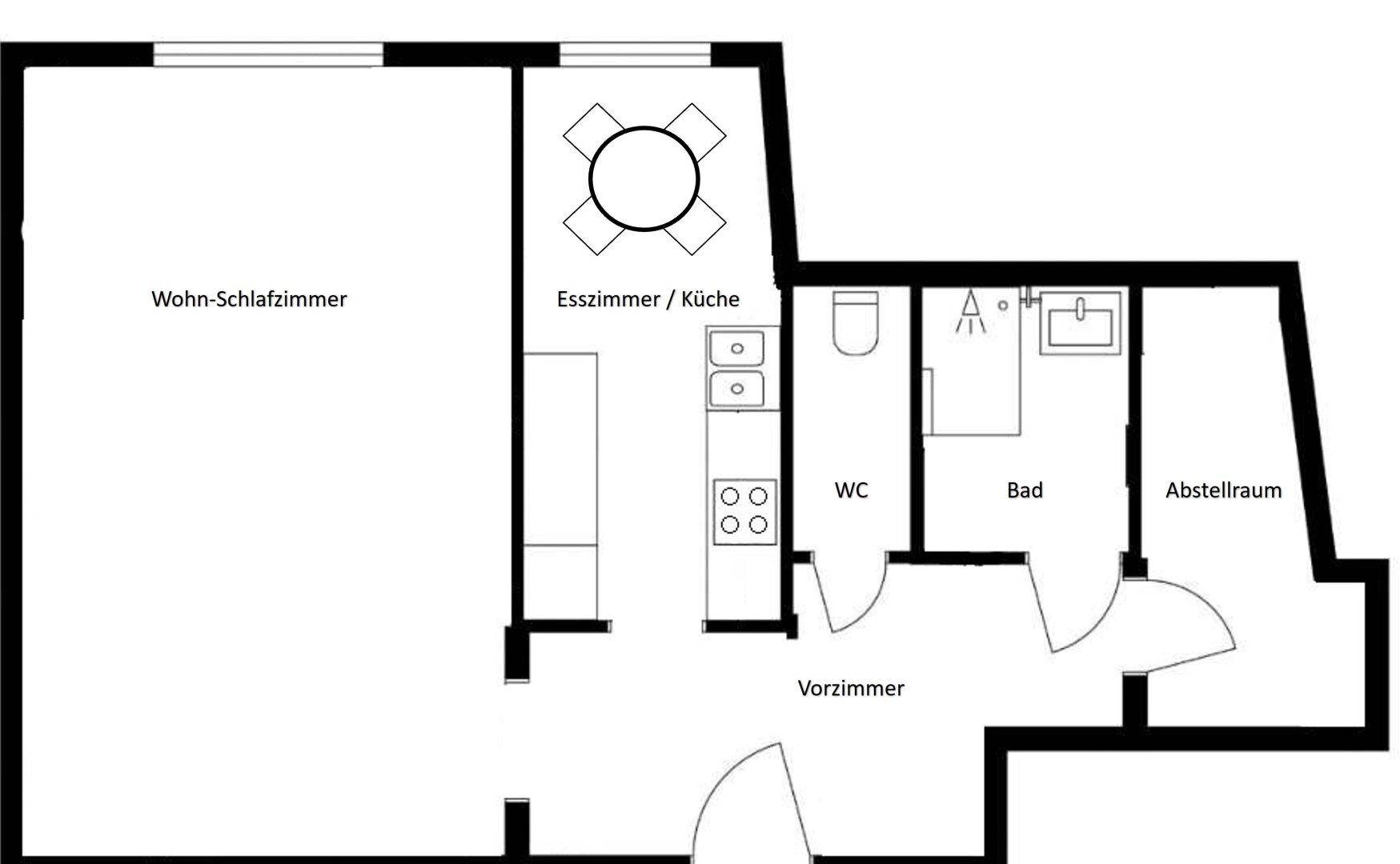 Kompakter Grundriss einer Wohnung mit kombiniertem Wohn-Schlafzimmer, Esszimmer/Küche, Bad und separatem WC.