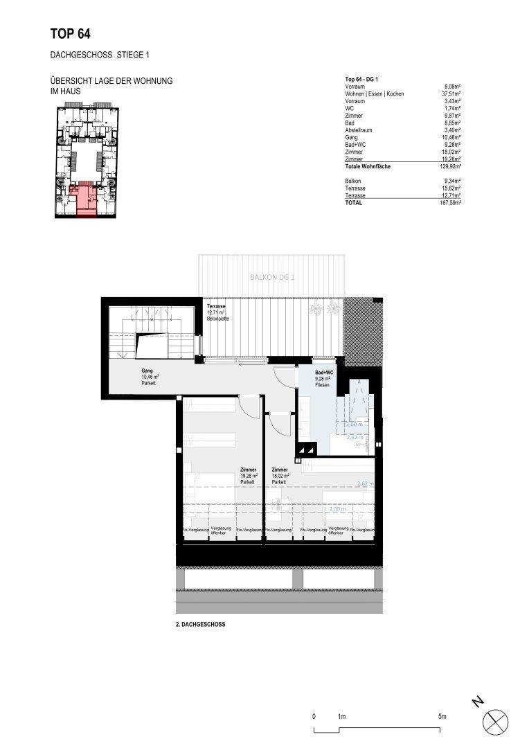 Grundriss des zweiten Dachgeschosses mit Zimmern, Balkon und Abstellraum.