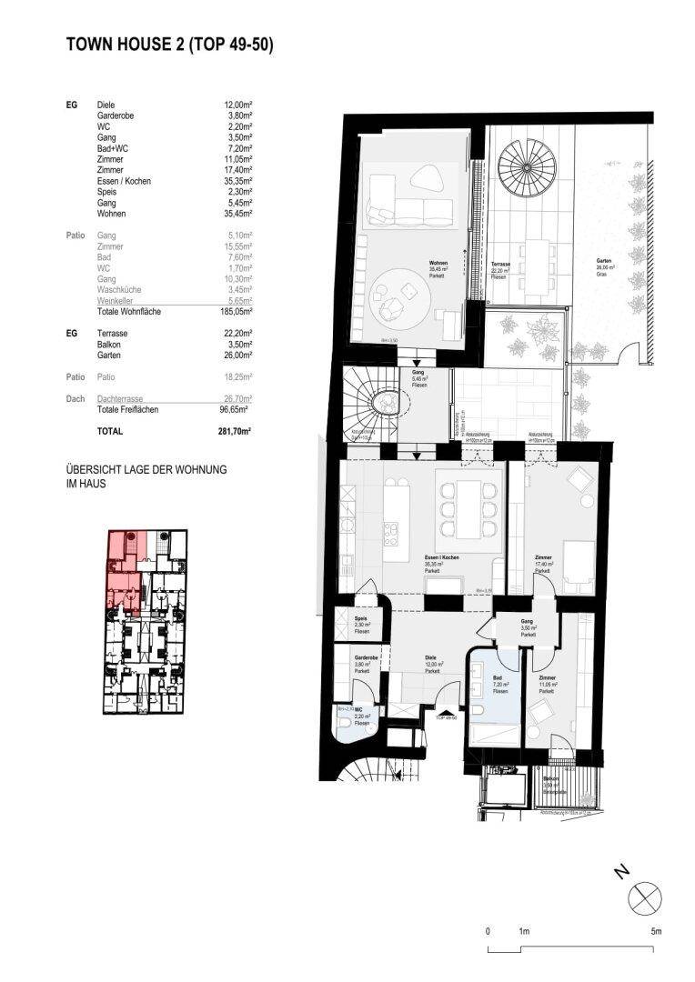 Detaillierter Grundriss eines Stadthauses mit mehreren Ebenen und Außenbereichen.