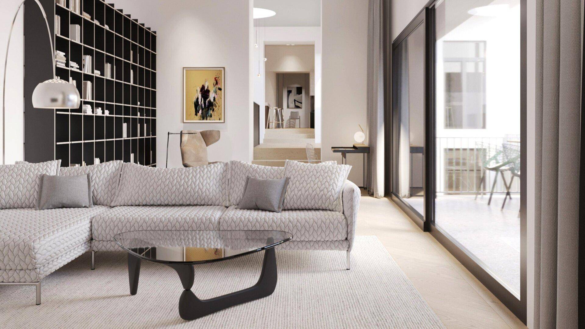Helles Wohnzimmer mit modernem Sofa, Couchtisch und großem Bücherregal, Teil einer Visualisierung.