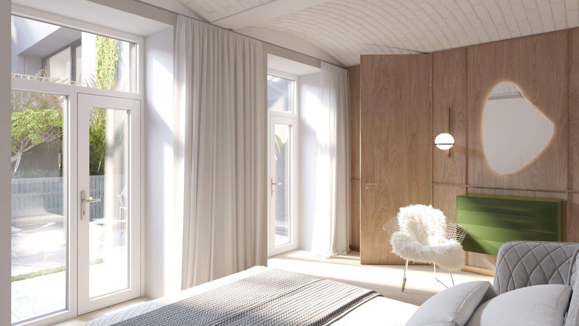 Helles Schlafzimmer mit Holzwandverkleidung und Zugang zu einem Außenbereich, Teil einer Visualisierung.