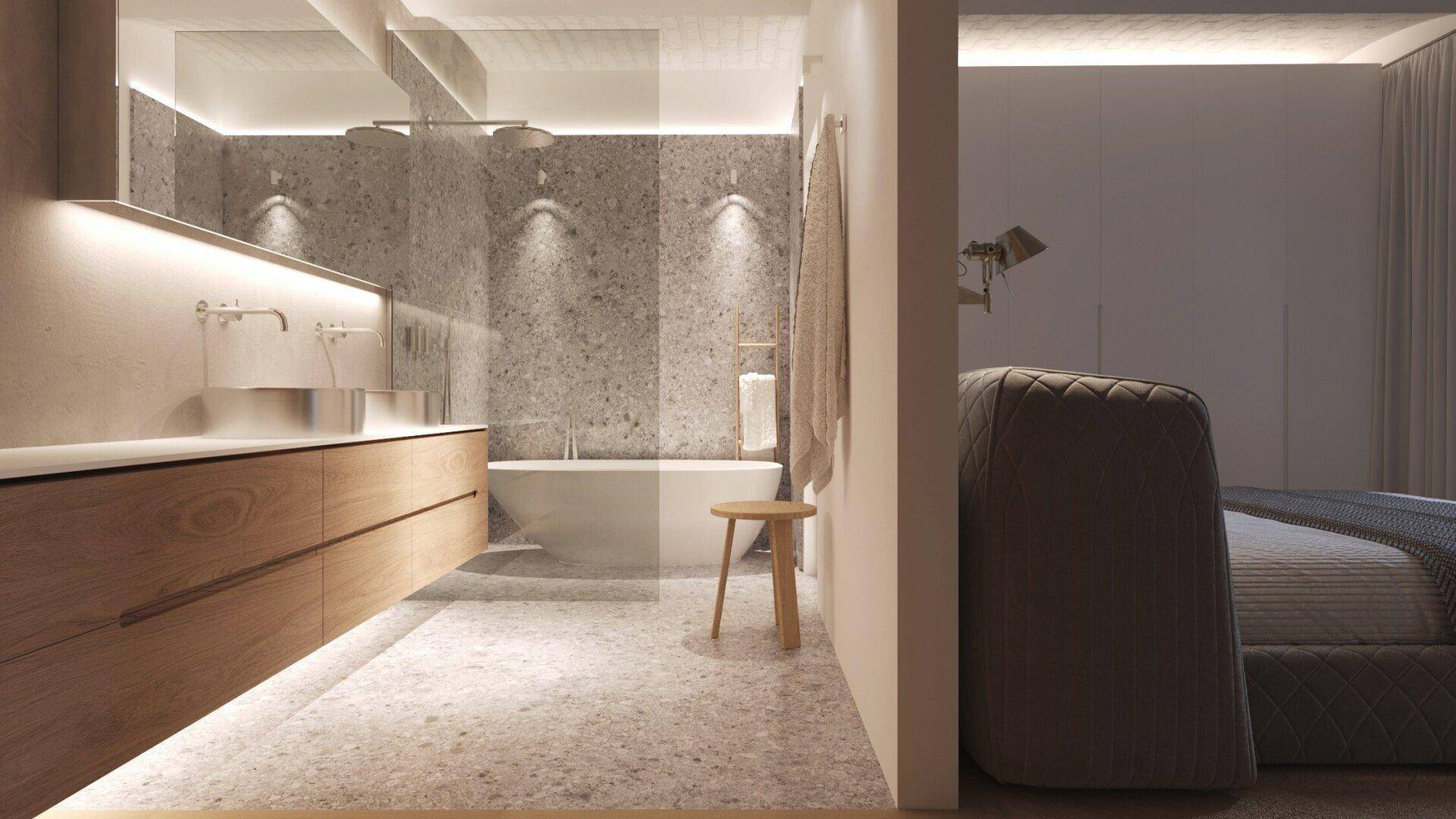 Modernes Badezimmer mit Doppelwaschbecken, freistehender Badewanne und begehbarer Dusche, Teil einer Visualisierung.