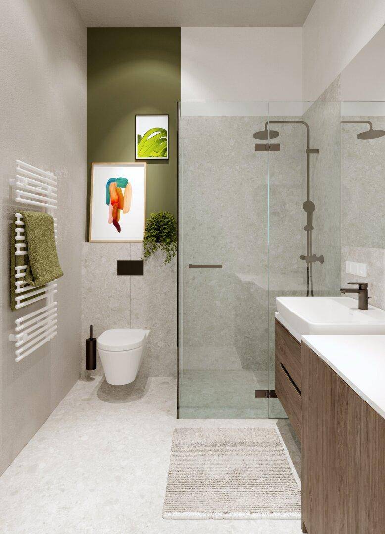 Modernes Badezimmer mit begehbarer Dusche, Wand-WC und beheiztem Handtuchhalter.