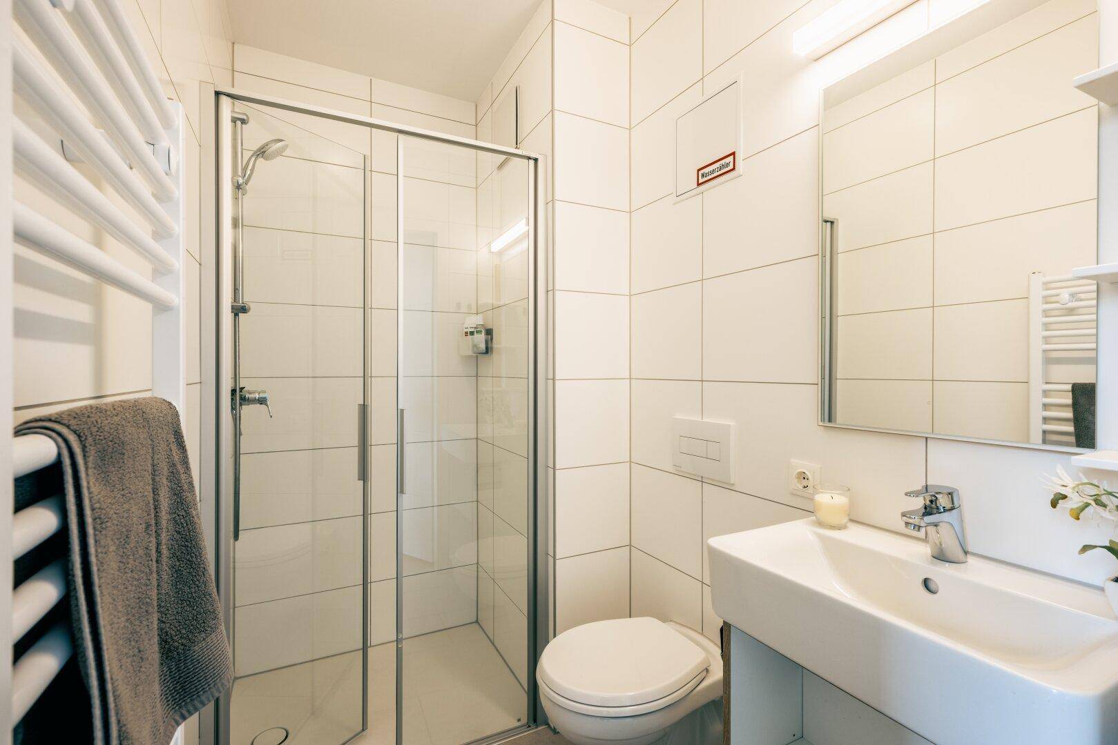 Helles Badezimmer mit Duschkabine, WC und modernem Waschbecken, funktional und sauber.