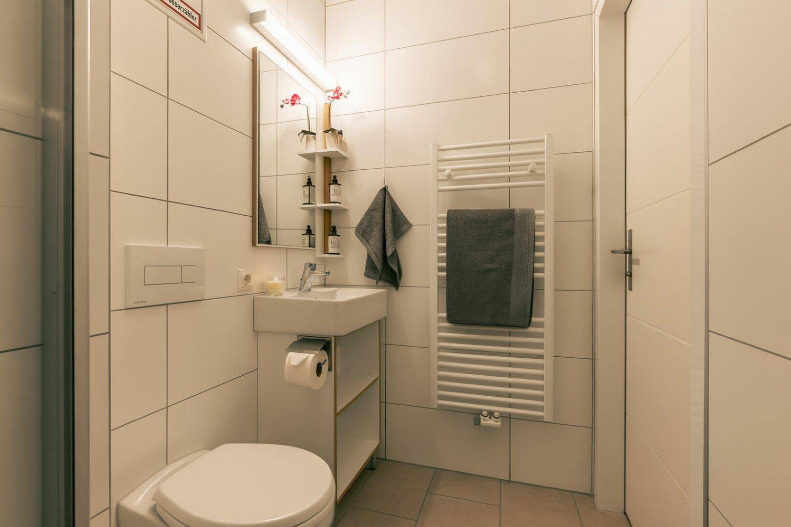 Modernes Badezimmer mit WC, Waschbecken und beheiztem Handtuchhalter in neutralen Farben.