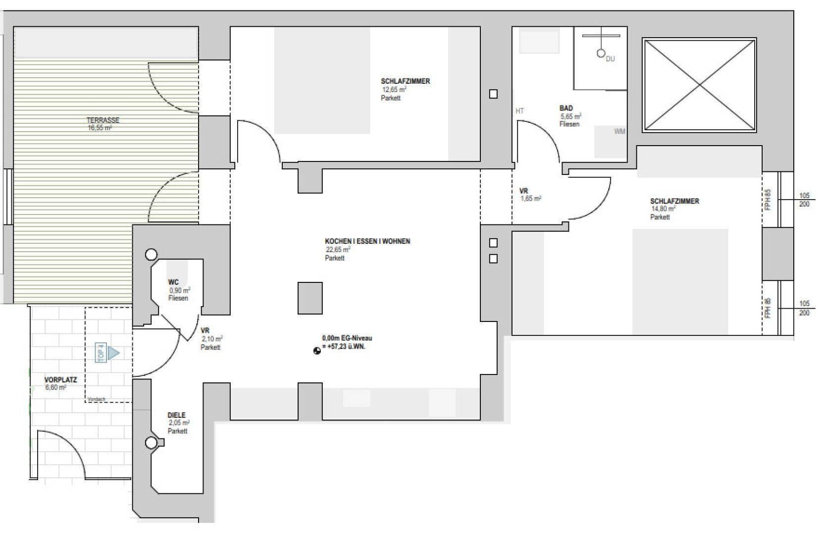Grundriss einer Wohnung mit offenem Wohnbereich, zwei Schlafzimmern, Bad, separatem WC und großer Terrasse.