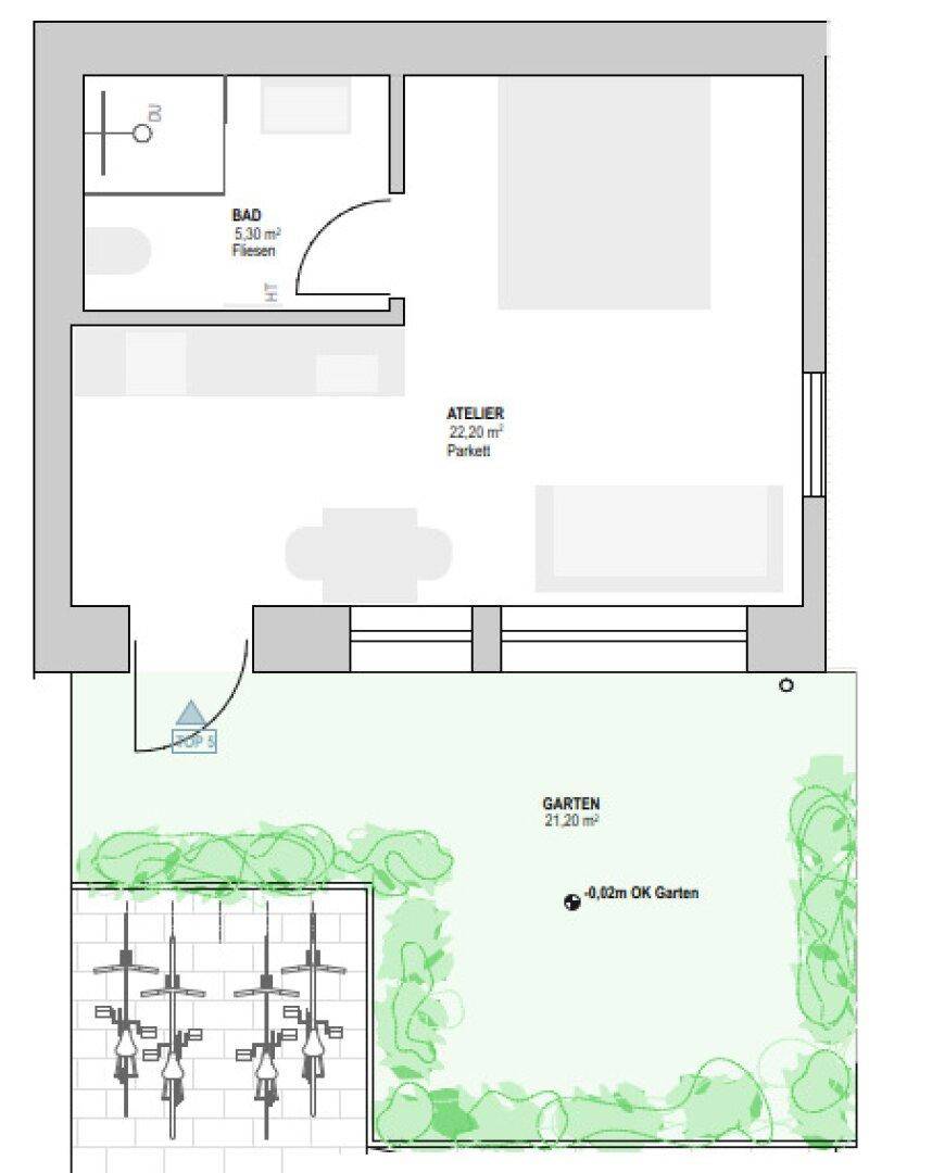Grundriss zeigt ein Atelier mit Parkettboden, ein Badezimmer und einen privaten Gartenbereich mit Fahrradabstellplatz.