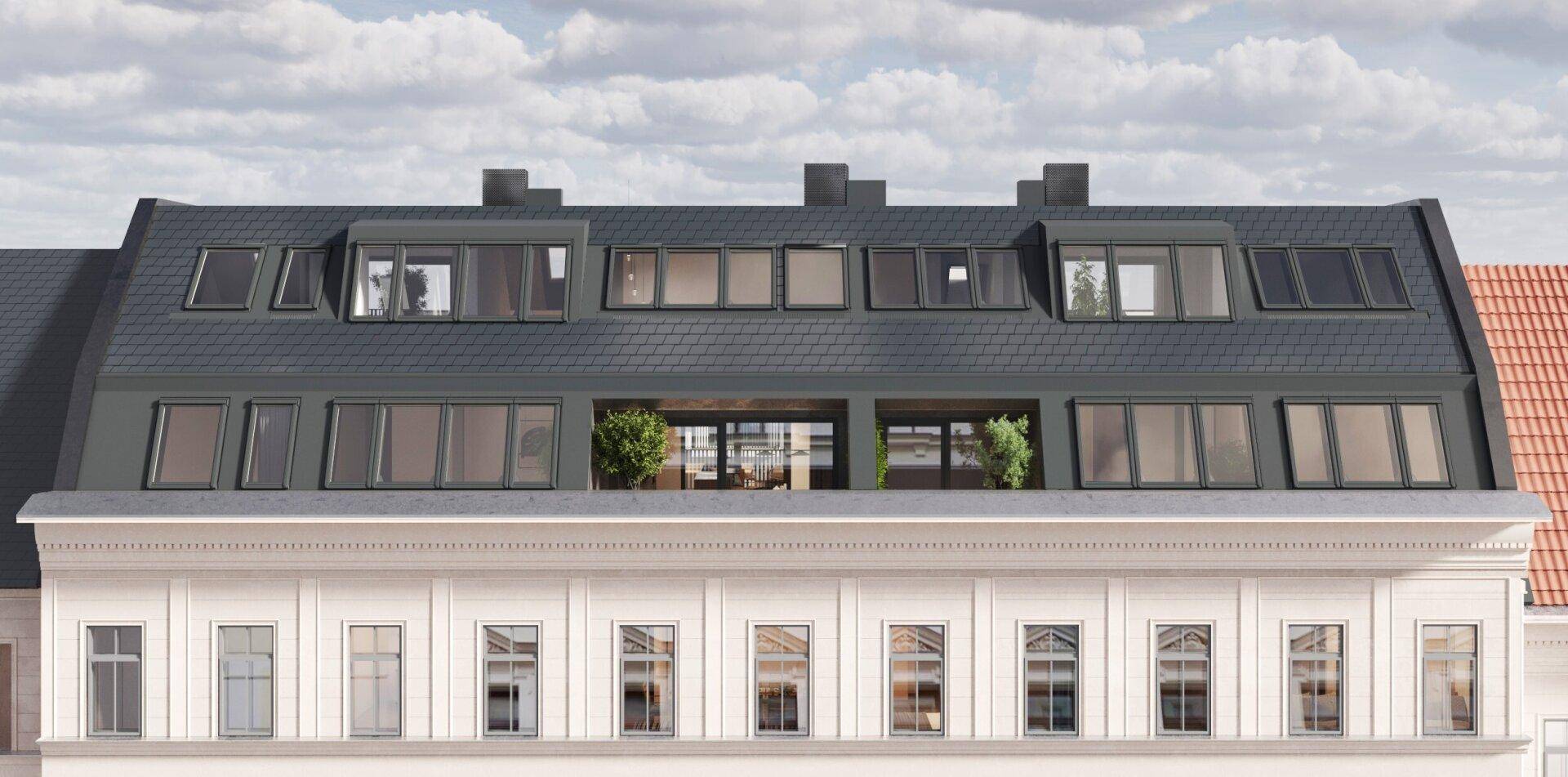 Moderne Dachgeschosswohnung mit Mansarddach und großen Fenstern, inklusive einer Loggia.