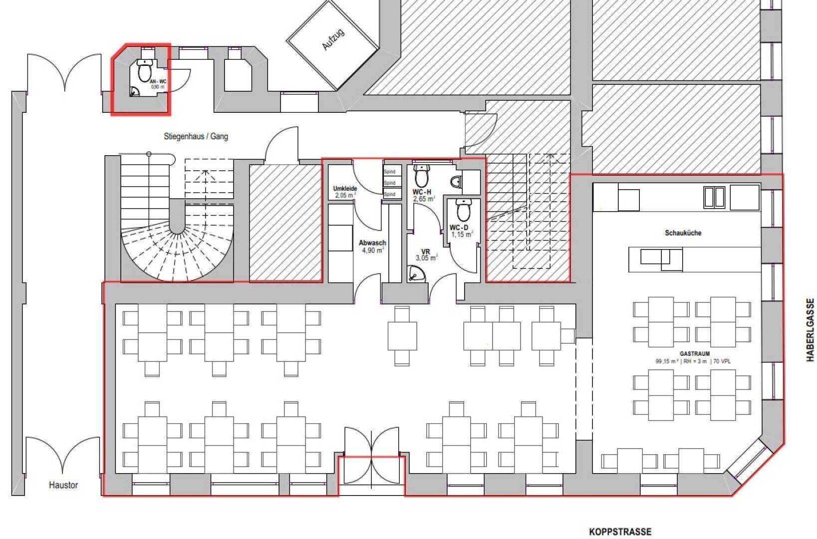 Grundriss des Erdgeschosses mit Gasträumen, Servicebereichen, Toiletten und Treppenhaus.