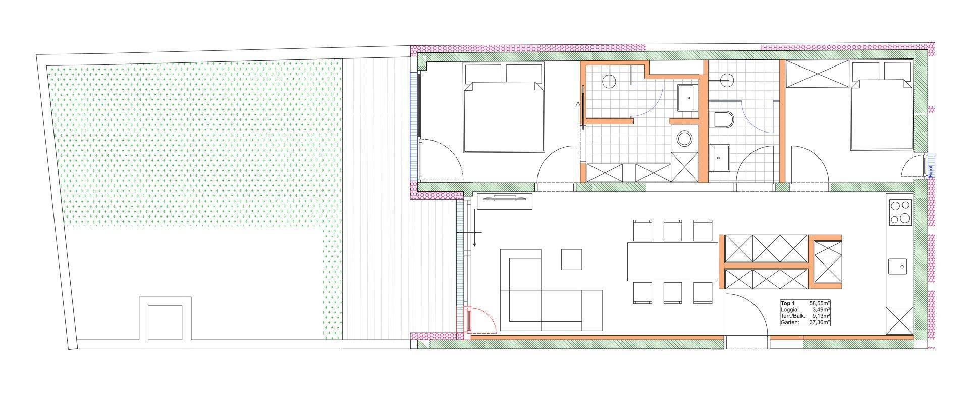 Grundriss einer Wohnung mit zwei Schlafzimmern, offenem Wohnbereich und großer Terrasse.