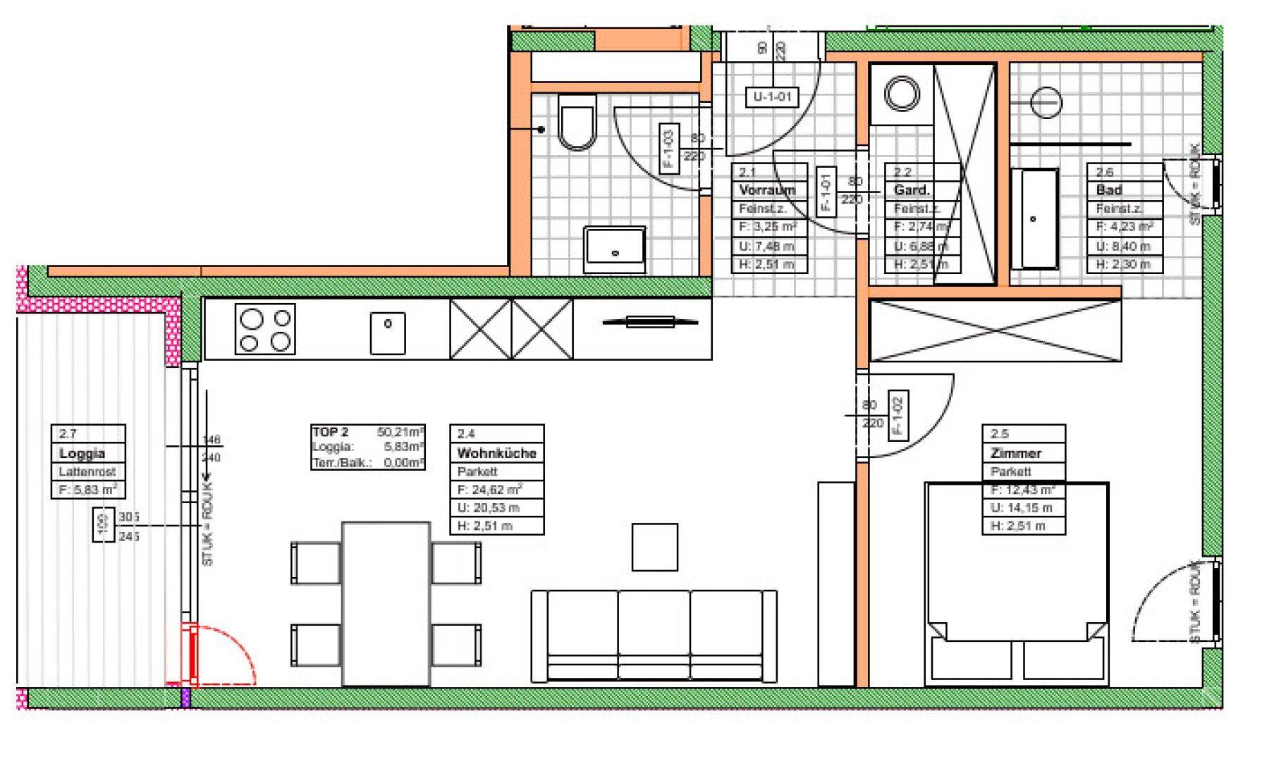 Grundriss einer Wohnung mit offenem Wohn-Essbereich, Loggia, Bad und separatem WC.