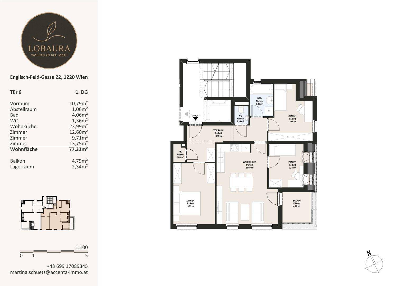 Grundriss der Wohnung im ersten Obergeschoss mit Balkon und offenem Wohnbereich.