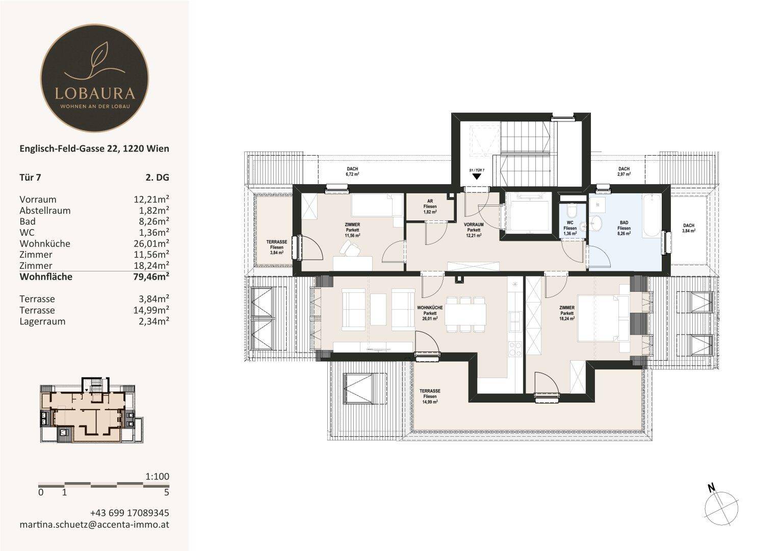 Grundriss der Dachgeschosswohnung mit zwei Terrassen und drei Zimmern.