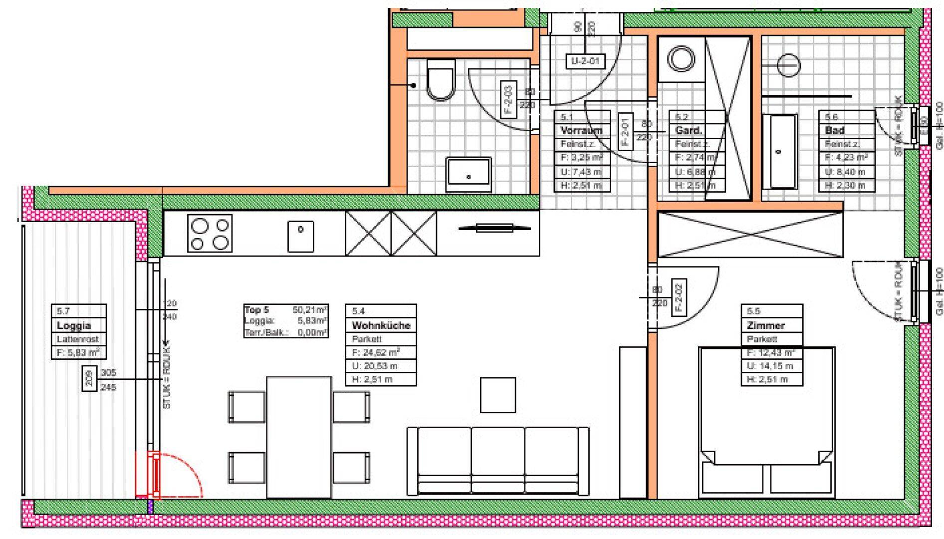 Detaillierter Grundriss einer Wohnung mit offener Wohnküche, Schlafzimmer und Loggia.